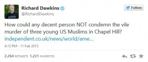 Kecaman dari Dawkins mengenai penembakan di Chapel Hill