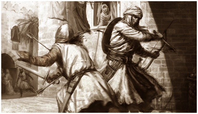 Lukisan perkelahian antara Hashashin dan tentara Perang Salib [Image Source]