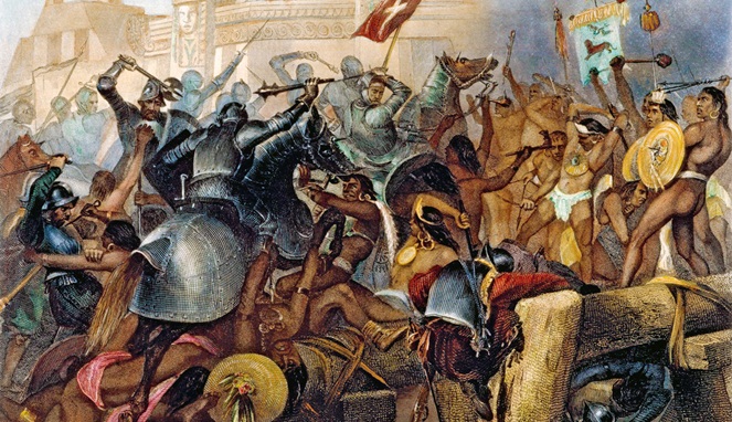 Lukisan pertempuran antara suku Aztec dan Spanyol [Image Source]