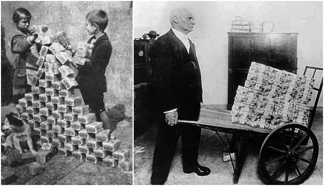 Uang Republik Weimar yang tidak berharga karena inflasi besar [Image Source]