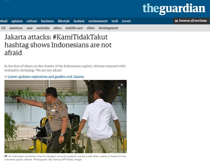 Media theguardian.com memberitakan hashtag #KamiTidakTakut [image source]