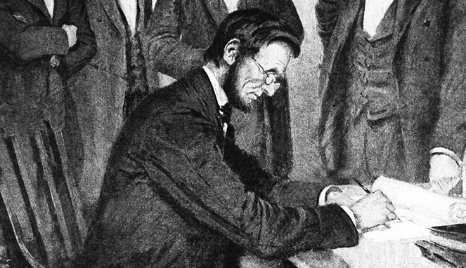Lincoln menandatangani wacana emansipasi [Image Source]