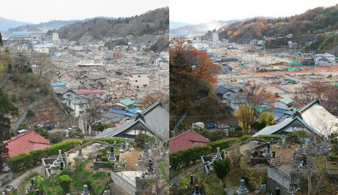 Kota Miyako setelah tsunami dan setelah pembersihan pasca tsunami