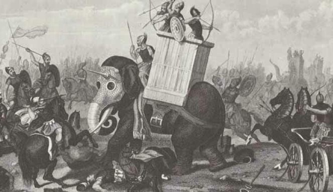 Pasukan Gajah versus pasukan kuda [Image Source]